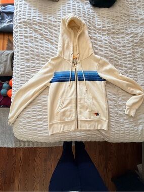 Aviator Nation Cream Hoodie with Blue Ombre Stripes